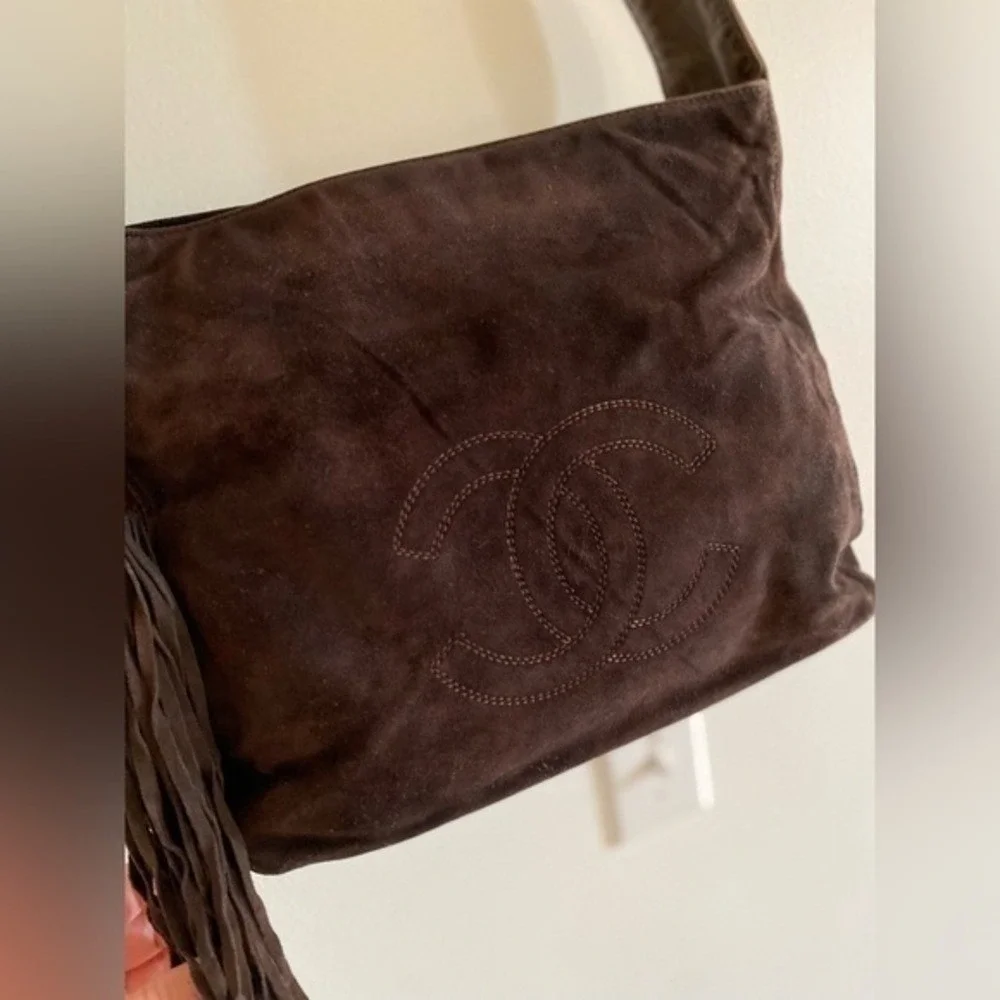 Chanel Suede Chocolate Brown CC Logo Tassel Shoulder Bag 90s Y2K Vintage Italy